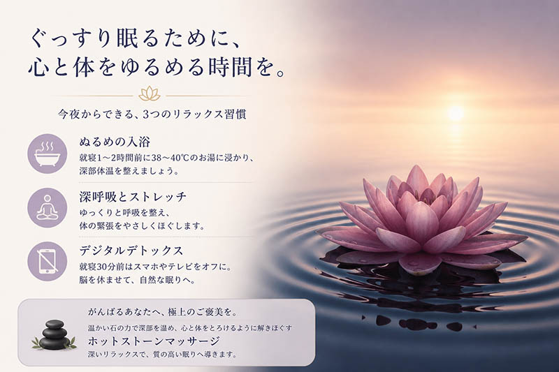青葉台で「睡眠不足」にお悩みの方へ。心身を深いリラックスへ導く極上ケア。