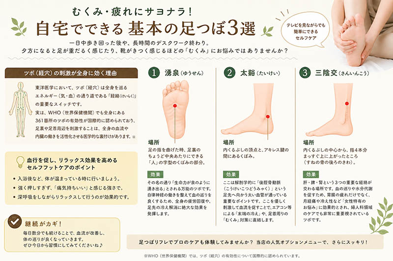 夕方になると足がパンパン…！冷え・むくみを解消する「基本の足つぼ3選」とプロの本格ケア