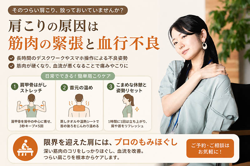 あざみ野にお住まいで「辛い肩こり」にお悩みの方へ！血流を促すプロのほぐしと簡単ケア